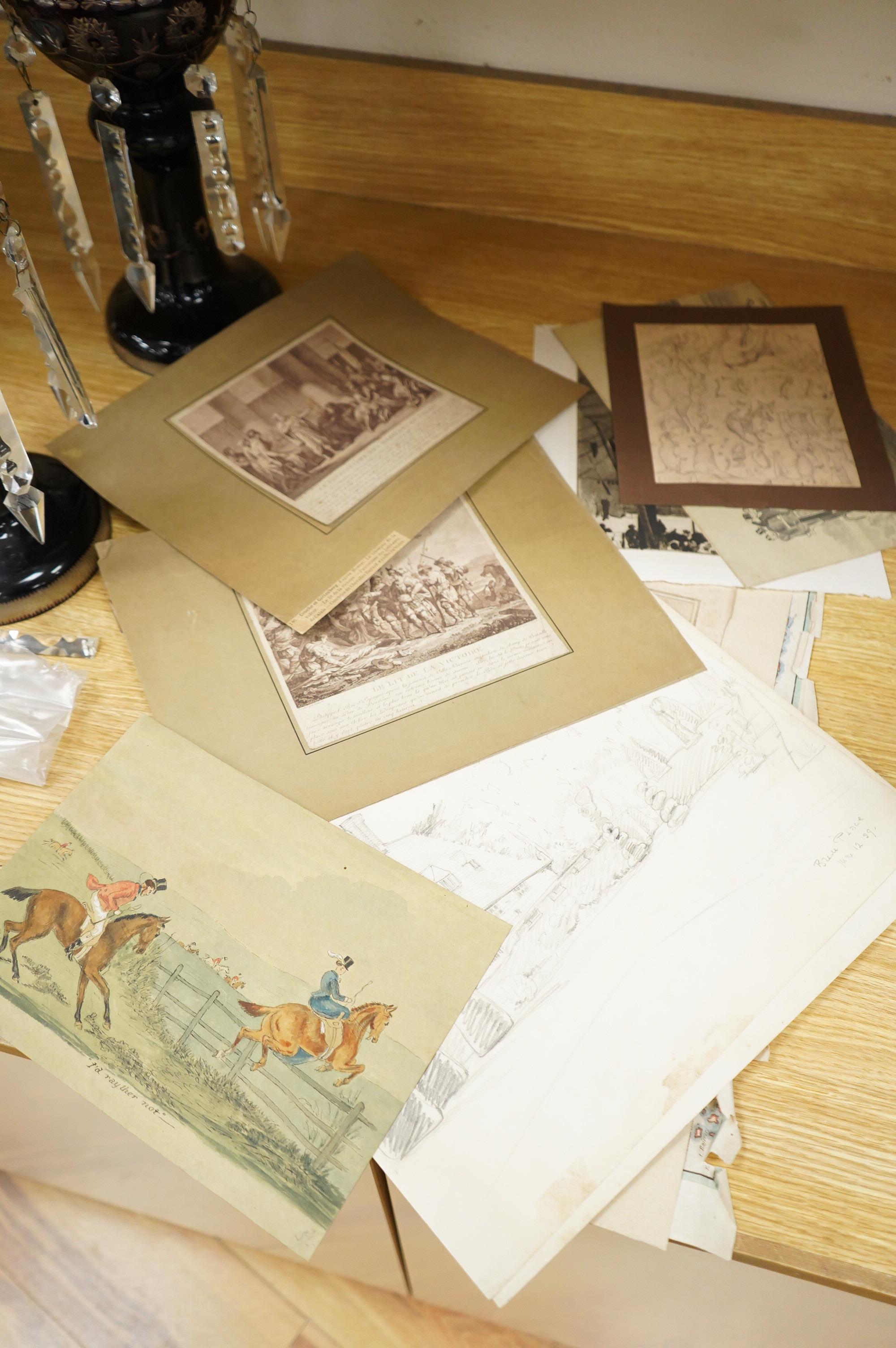 A collection of works to include an en grisaille watercolour, coaching scene, titled 'Behind Time', various prints and engravings to include after G B Cipriarni, ‘Urania’, published 1786 by John & Josiah Boydell, a map a